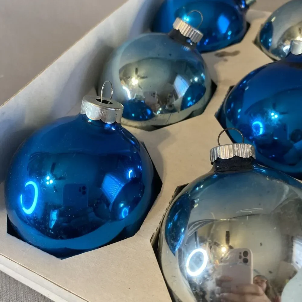 Vintage Christmas Glass Ball Ornaments Blue Shiny Brite & Rauch 8.5